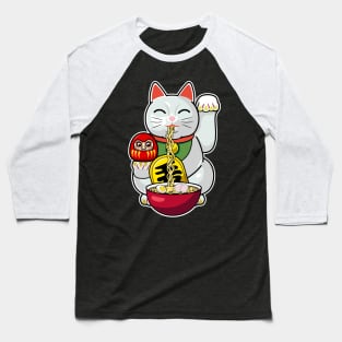 Cute Cat Eating Ramen, Maneki Neko Ramen Baseball T-Shirt